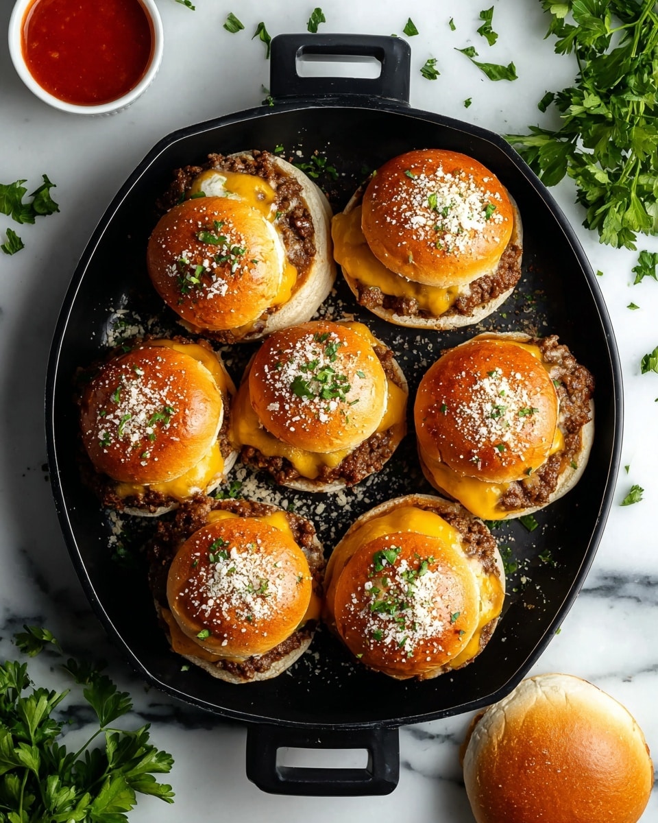 The image shows eight small burgers in a black pan placed on a white marbled surface, with one whole bun on the side. Each burger has a bottom bun layer that is light golden brown and soft-looking, topped with a melted layer of orange-yellow cheese, then a nicely browned beef patty with a slightly crispy texture. The patties are sprinkled with a light dusting of white grated cheese and small green herb pieces. Around the pan, there are fresh green parsley sprigs and a small white bowl of bright red sauce. Photo taken with an iphone --ar 4:5 --v 7