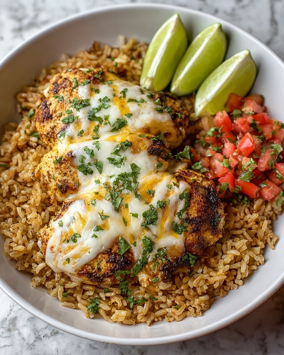 A white plate holds a bed of seasoned rice, brownish with small green herb bits mixed throughout. On top of the rice are two pieces of golden-brown grilled chicken, each covered with melted yellow and white cheese that glistens under the light. The chicken is sprinkled with finely chopped green herbs. To the right of the chicken, there is a small pile of diced red tomatoes mixed with green herbs. At the back of the plate, three thin lime slices are arranged, their light green flesh contrasting with the food. The plate sits on a white marbled surface. photo taken with an iphone --ar 4:5 --v 7
