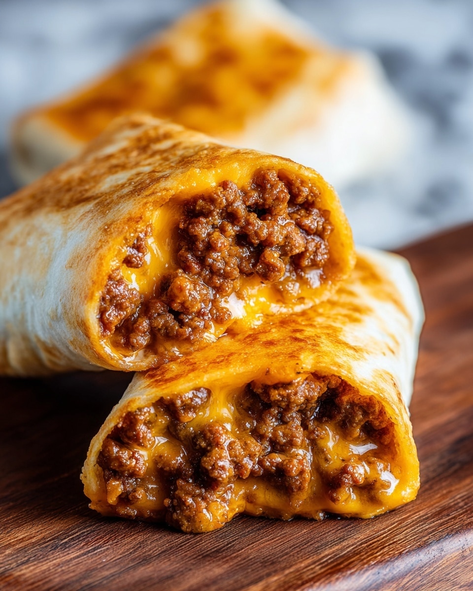 The image shows two burrito halves stacked on each other with their insides clearly visible. The burritos have a golden-brown, slightly crispy outer layer, showing a soft texture beneath the crisp surface. Inside each burrito, there is a rich, dark brown ground beef filling mixed with melted bright orange cheddar cheese, oozing slightly and adding a glossy texture. The burritos are placed on a wooden surface with a warm tone, and the background is out of focus, hinting at another burrito. The overall look is warm, inviting, and richly textured. photo taken with an iphone --ar 4:5 --v 7