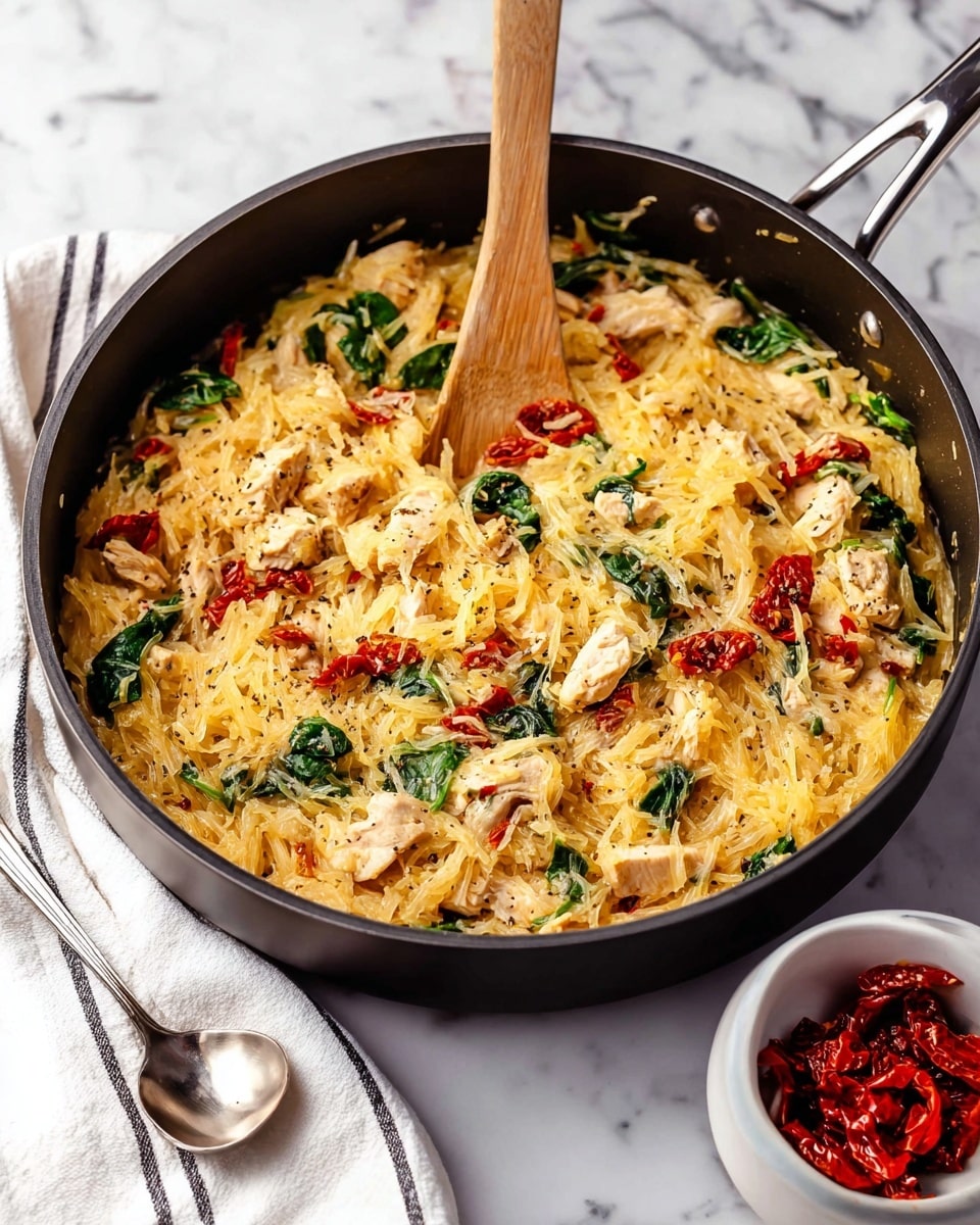 The image shows a large black skillet filled with a creamy pasta dish. The pasta is light yellow and covered in a thick creamy sauce. Mixed throughout are white chunks of cooked chicken, bright green spinach leaves, and small pieces of red bell pepper or tomato. A wooden spoon is resting inside the skillet, slightly stirring the food. The skillet is placed on a soft, light cloth on a white marbled surface. Photo taken with an iphone --ar 4:5 --v 7