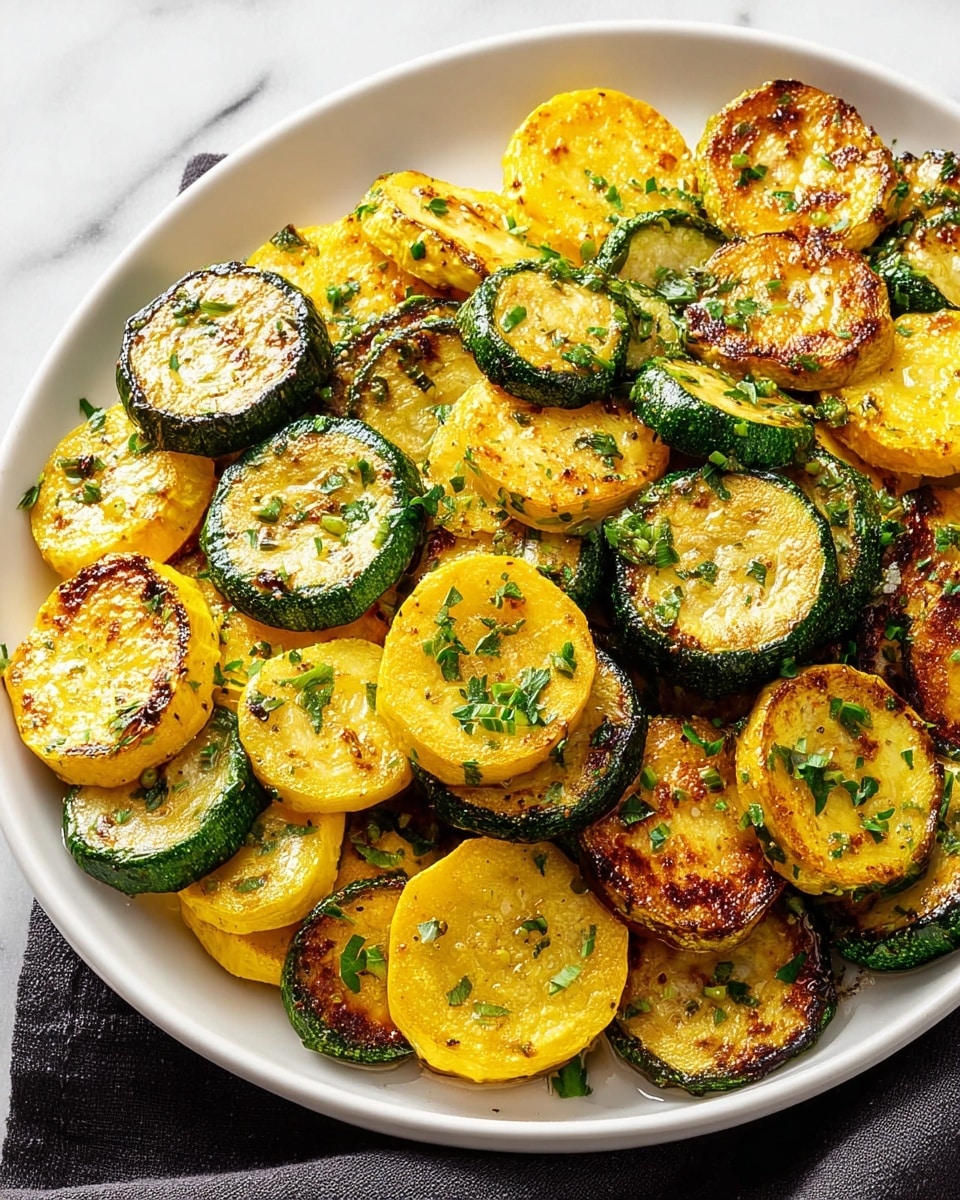 A white bowl filled with round slices of cooked zucchini and yellow squash, each slice showing a slightly browned, grilled texture with some crisp edges. The vegetables are mixed, creating a colorful blend of light green with darker green edges for zucchini, and bright yellow for the squash. Small bits of finely chopped green herbs are scattered over the top, adding a fresh look. The bowl sits on a white marbled surface with a dark gray cloth on the right side. Photo taken with an iphone --ar 4:5 --v 7