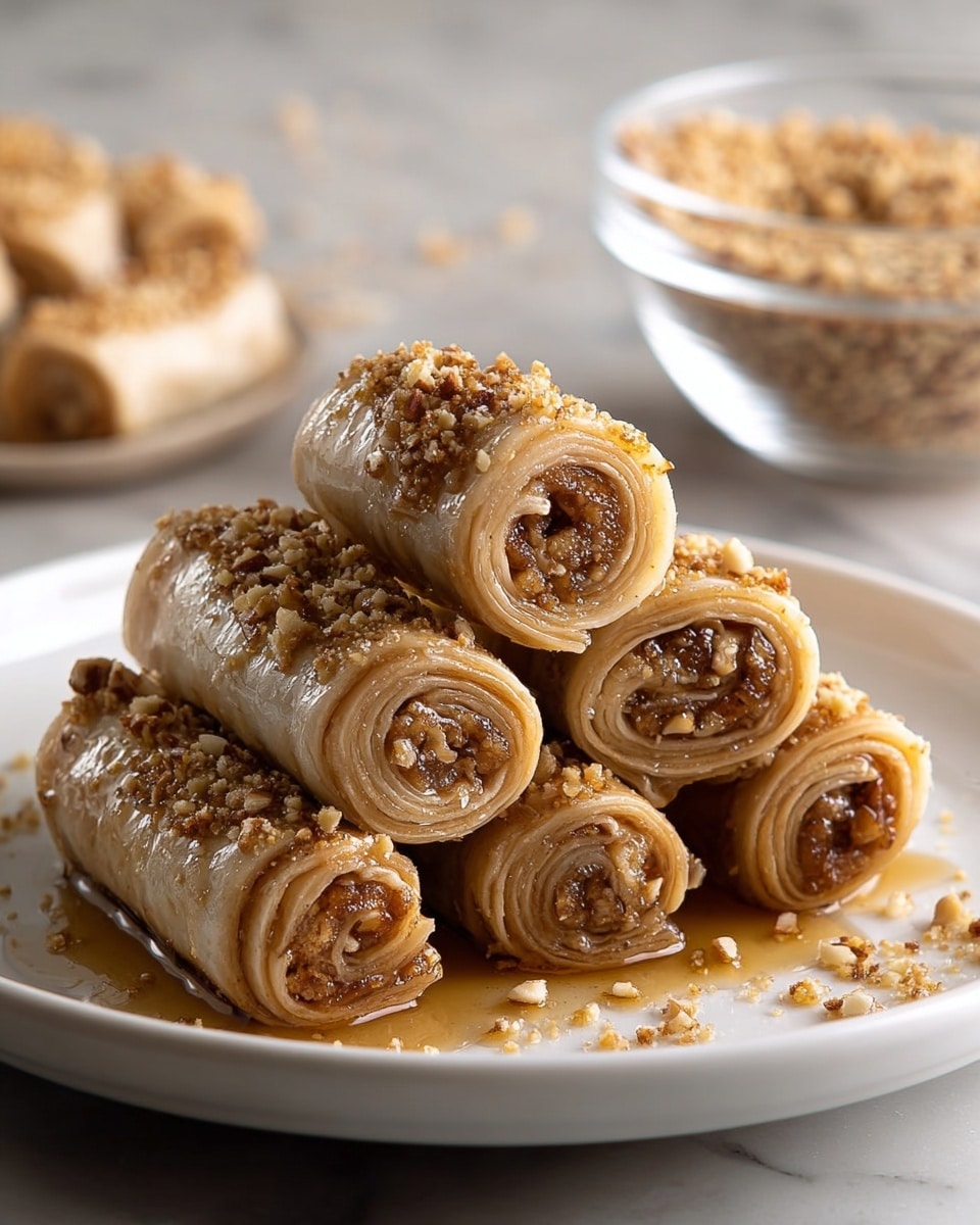 A stack of nine rolled pastries is arranged on a white plate, each pastry showing multiple thin, tightly rolled layers of light brown dough with a nutty filling visible within the spirals. The pastries are coated with a glossy syrup that glistens and pools slightly on the plate, with a sprinkling of crushed nuts scattered on top and around. In the blurred background, there is a clear glass bowl filled with more crushed nuts. The scene is set on a white marbled surface. photo taken with an iphone --ar 4:5 --v 7