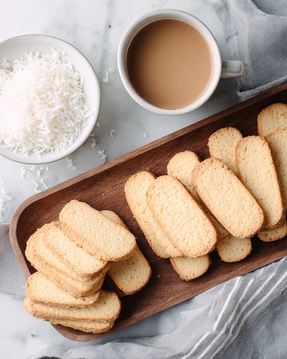 The image shows a wooden tray filled with two layers of light golden brown rectangular cookies with slightly rough texture and rounded edges, grouped in small stacks. To the left of the tray, there is a small white bowl filled with shredded white coconut, which has a soft, flaky texture. Above the bowl, a white cup with light brown coffee and a smooth surface sits on a white marbled texture. A soft grey striped cloth is placed under the bowl and partially visible in the frame. photo taken with an iphone --ar 4:5 --v 7