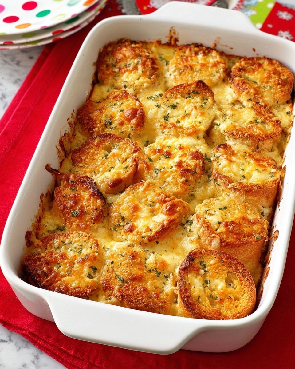 A white rectangular baking dish filled with a baked layer of toasted bread rounds, each topped with melted golden-brown cheese and small green herb specks, arranged closely to cover the surface. The bread has a crispy crust visible around the edges, and the cheese layer is bubbly and slightly browned with a rich, creamy texture underneath. The dish sits on a red cloth on a white marbled table with a few colorful polka dots slightly visible in the background, adding a festive touch. Photo taken with an iphone --ar 4:5 --v 7