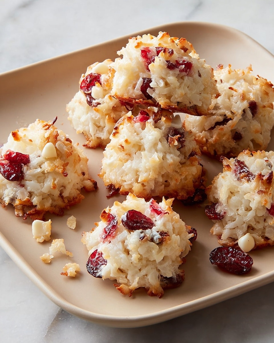 The image shows a soft beige square plate filled with six coconut macaroons, each with a rough, uneven texture. The macaroons have three main layers: a base layer of golden-browned, toasted coconut shreds; a thick middle layer of white coconut flakes mixed with bright red dried cranberry pieces and a few white chocolate chips; and a top layer that has more coconut flakes and cranberries, some browned slightly from baking. The plate sits on a white marbled surface and there are small crumbs scattered around the cookies, adding to the casual look. photo taken with an iphone --ar 4:5 --v 7