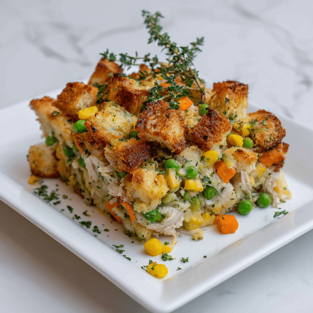 A close-up of a white rectangular dish filled with a layered casserole showing a mix of golden brown crispy bread cubes on top with a rough texture, scattered with bits of chopped green herbs. Below the crust, there is a creamy layer containing shredded white chicken pieces, bright orange carrot cubes, yellow corn kernels, and green peas, all mixed together in a soft, moist texture. Small pieces of mushroom and herbs are visible throughout. A single green herb sprig stands upright in the middle of the dish. The dish is placed on a white marbled surface. Photo taken with an iphone --ar 4:5 --v 7