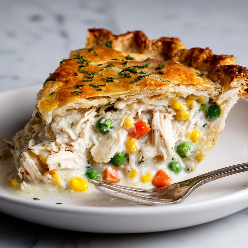 A thick square piece of layered casserole is on a white plate, with a golden-brown top layer covered with melted cheese and sprinkled with green parsley. The middle layers show creamy white sauce with visible pieces of corn and chunks of chicken mixed with peas and carrots at the bottom spilling out from the edges. The texture of the casserole looks soft and creamy, with a slight crust on top. A fork is placed on the right side of the plate and the plate is set on a white marbled surface with a blue-striped cloth underneath. In the blurred background, there is a white baking dish with more of the casserole. photo taken with an iphone --ar 4:5 --v 7
