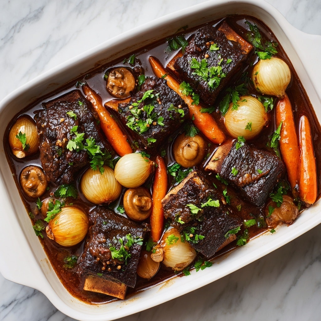 A white bowl filled with a rich beef stew featuring four large, dark brown chunks of tender beef as the main layer, topped with small sprigs of green herbs. Surrounding and partially under the beef are thick slices of bright orange carrots, light brown mushrooms with a smooth texture, and translucent caramelized onion pieces, all soaked in a deep brown, glossy broth that fills the bowl. The dish is presented on a white marbled surface with some fresh herb sprigs blurred in the background. Photo taken with an iphone --ar 4:5 --v 7