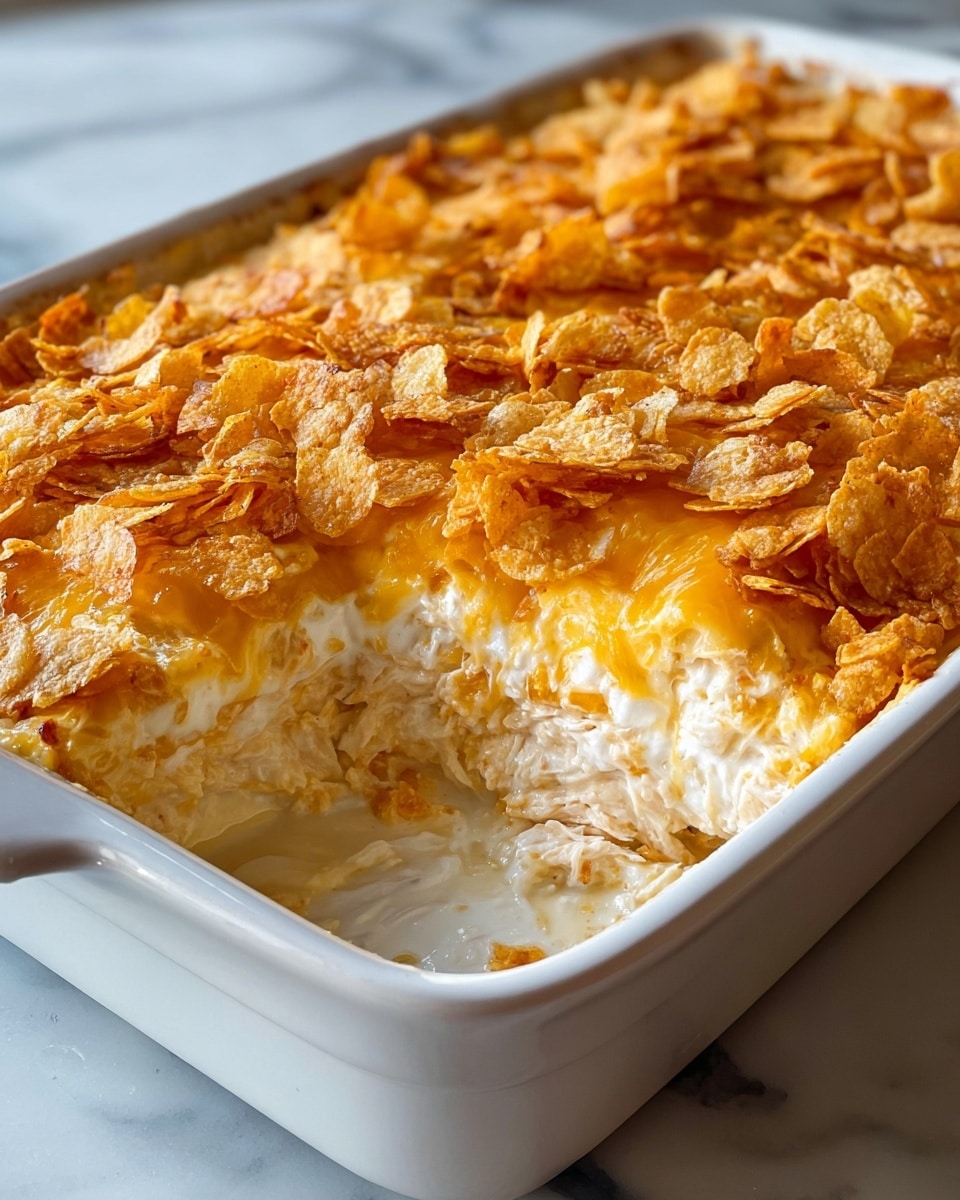 A white ceramic baking dish holds a layered casserole with three clear layers visible. The bottom layer is creamy white with chunky texture, likely cooked chicken mixed in. Above it is a smooth, melted layer of light orange cheese. The top layer is uneven and crunchy, made of golden brown, crispy cornflakes scattered thickly. The dish is placed on a white marbled surface. Photo taken with an iphone --ar 4:5 --v 7