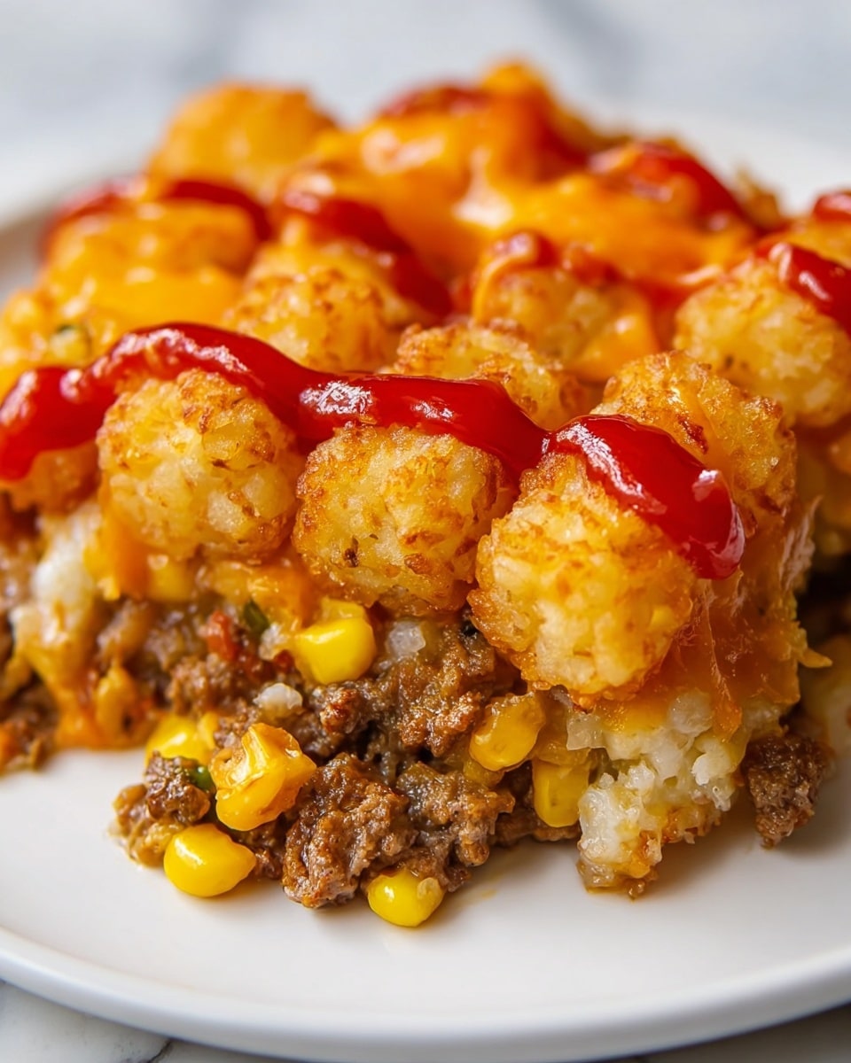 A white rectangular baking dish is filled with one layer of golden brown tater tots arranged neatly in rows, each tot showing a crispy, slightly rough texture. On top of the tater tots is a thick layer of melted bright orange cheddar cheese, covering the center area more heavily while still allowing some tots to peek through along the edges. Thin streaks of red sauce are drizzled evenly over the cheese, adding a glossy contrast. Small bits of chopped green herbs are sprinkled on the surface, adding tiny pops of color across the dish. The dish is set on a white marbled surface. photo taken with an iphone --ar 4:5 --v 7