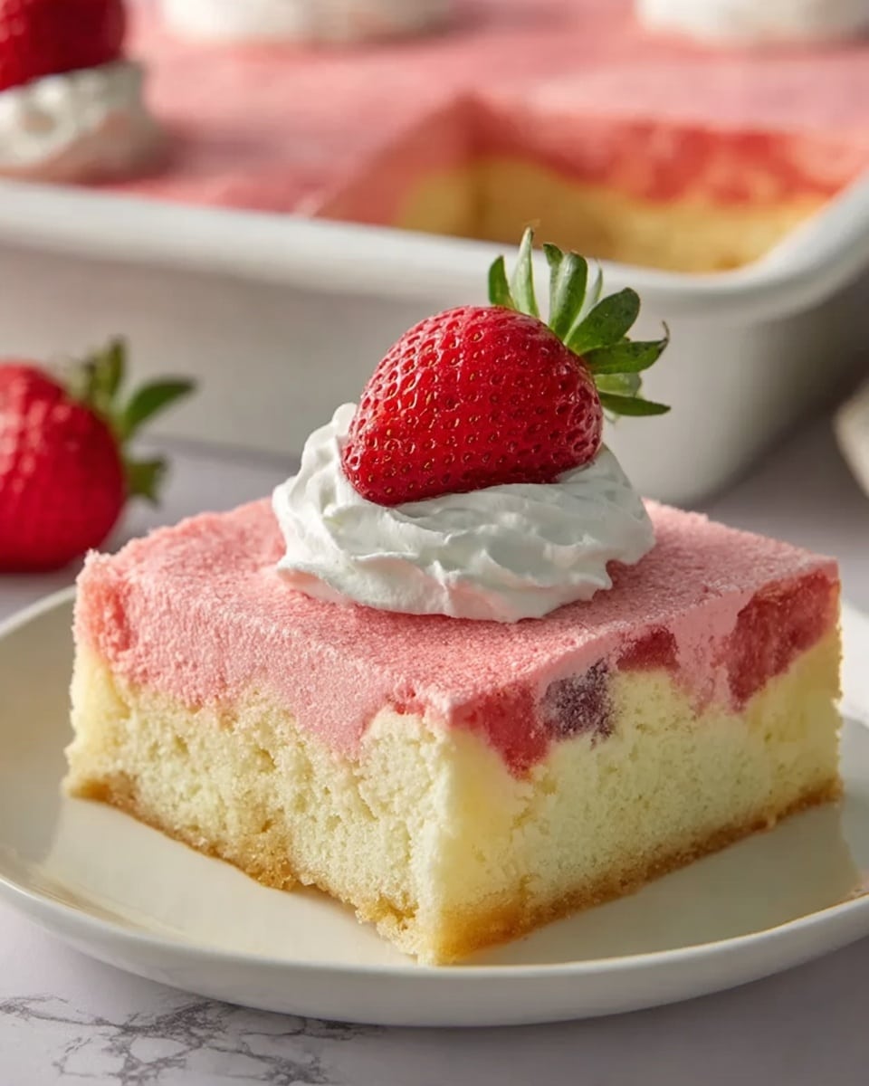 A square slice of a two-layered dessert sits on a white plate with a white marbled texture background. The bottom layer is pale yellow with a soft and fluffy texture, while the top layer is pink with a slightly crumbly, cake-like texture. On top of the slice is a dollop of white whipped cream, crowned by a fresh, whole red strawberry with green leaves. In the background, the larger dessert pan holding the remaining pink and yellow layered dessert is visible. The scene is lit softly to show the creamy and tender textures of the dessert. Photo taken with an iphone --ar 4:5 --v 7