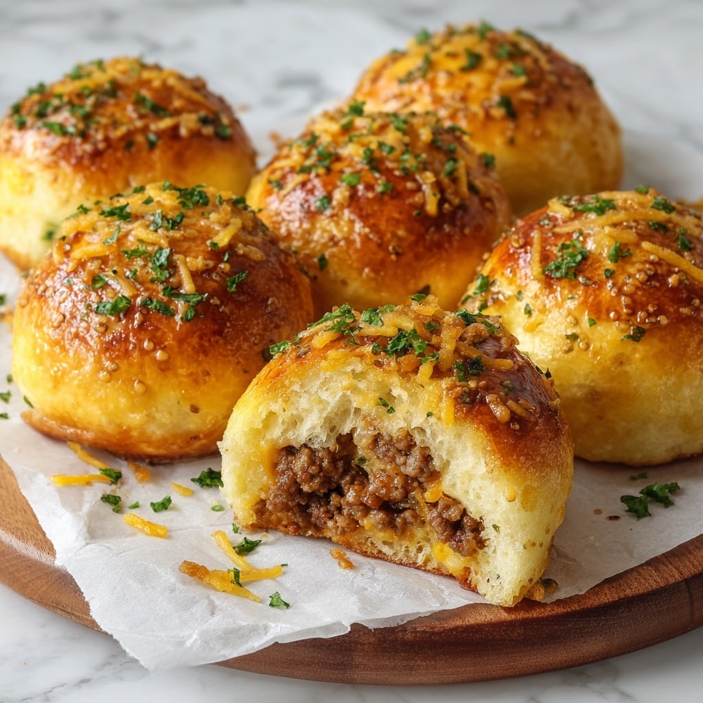 The image shows several small round baked buns with a shiny golden-yellow crust, sprinkled with green herbs and small cheese shreds on top. One bun is bitten to reveal three layers inside: a soft, slightly crumbly outer bread layer, a middle layer of cooked ground meat mixed with seasoning, and a small inner layer of melted cheese. The buns sit on white parchment paper atop a wooden board, with scattered green herb pieces around them, all set on a white marbled surface. Photo taken with an iphone --ar 4:5 --v 7