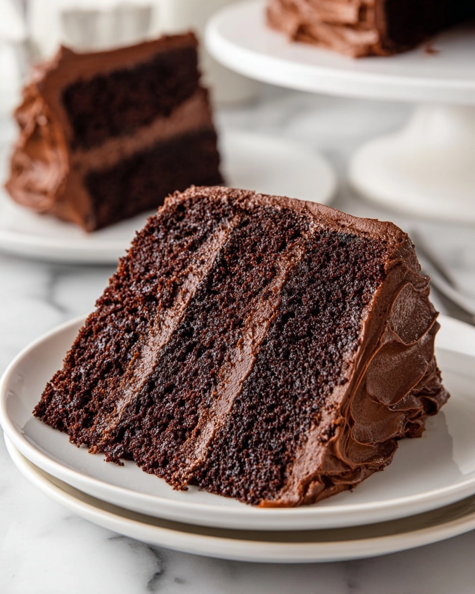 A round chocolate cake with thick, dark brown frosting covering the entire surface in rough, artistic swirls and peaks, sitting on a white cake stand with a reflective silver pedestal base. The cake appears to have multiple layers beneath the frosting, but only the outer layer is visible. The background shows a white marbled texture surface with some folded cloths and a stack of white plates partially in view. The lighting highlights the rich, creamy texture of the chocolate frosting, making it look moist and dense. Photo taken with an iphone --ar 4:5 --v 7
