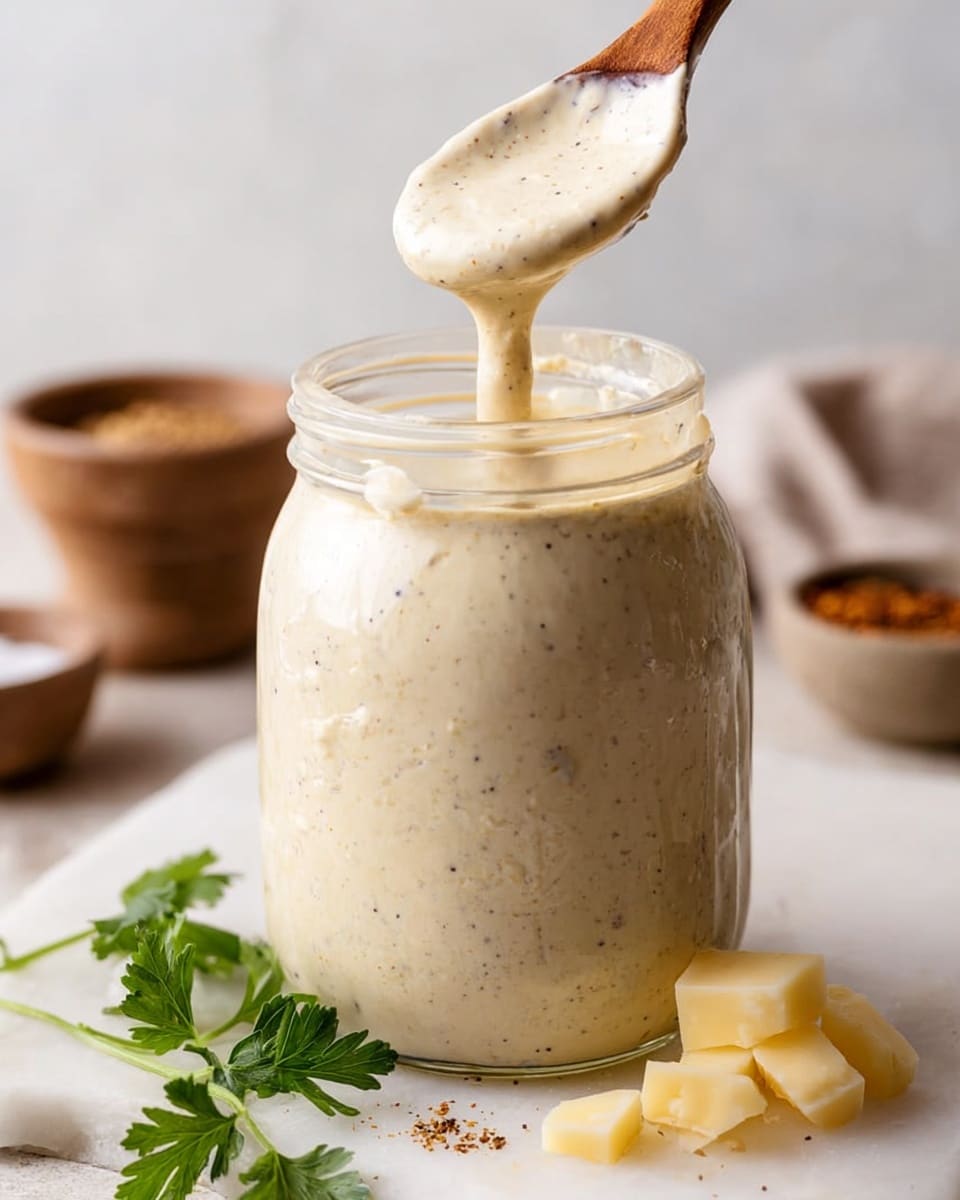 A clear glass jar filled with a creamy, light beige sauce speckled with small dark herbs and seasoning, held upright on a white marbled surface. Above the jar, a wooden spoon coated in the thick sauce is lifted, showing the sauce dripping slowly back into the jar. Around the jar are pieces of light yellow cheese, some fresh flat green parsley leaves, and small white bowls holding coarse spices, all placed on the white marbled texture. The photo is bright with soft natural light. photo taken with an iphone --ar 4:5 --v 7