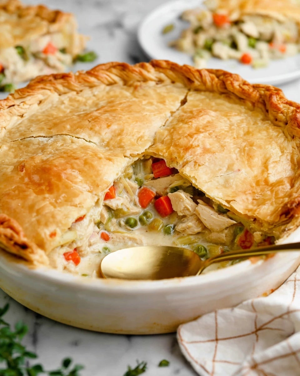 The image shows a round chicken pot pie with a golden-brown flaky crust as the top layer, slightly crimped around the edges. One large slice is cut out, revealing three visible layers inside: the first layer is a creamy white sauce with a smooth texture, the second layer has chunky pieces of cooked chicken, bright orange carrot cubes, and vibrant green peas and celery, all mixed together, and the last layer is the crust base, matching the top in its golden color and crisp texture. The pie is in a white ceramic dish with a gold spoon placed inside, sitting on a white marbled surface with a checkered cloth nearby. In the blurred background, there is a white plate with another piece of pot pie and some green garnish. Photo taken with an iphone --ar 4:5 --v 7