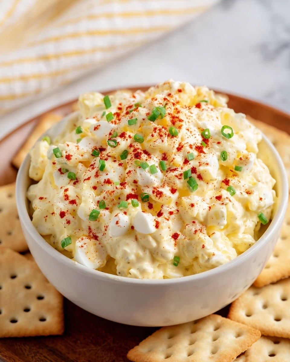 A close-up view shows a woman's hand holding a square, pale yellow cracker with tiny holes, topped with a lumpy, creamy white spread that has small bits of green herbs and light reddish spices scattered on it. The cracker is held above a white bowl filled to the brim with the same thick, textured creamy mixture. Surrounding the bowl is a circle of similar pale yellow square crackers neatly arranged on a white marbled surface. In the blurred background, a soft yellow and white striped cloth adds subtle color. photo taken with an iphone --ar 4:5 --v 7