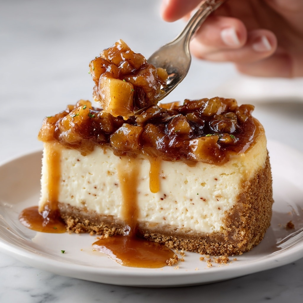 The image shows a slice of cheesecake on a white plate with a white marbled surface underneath. The cheesecake has three main layers: a thick, crumbly brown crust at the bottom, a smooth, light beige creamy cheesecake layer in the middle with visible specks, and a topping of caramelized chunks of brown and golden apple pieces covered in a glossy, rich caramel sauce dripping down the sides. On top, there are two dollops of white whipped cream adding contrast. Small pieces of nuts are scattered around the plate, some partly covered with the caramel sauce. Photo taken with an iphone --ar 4:5 --v 7