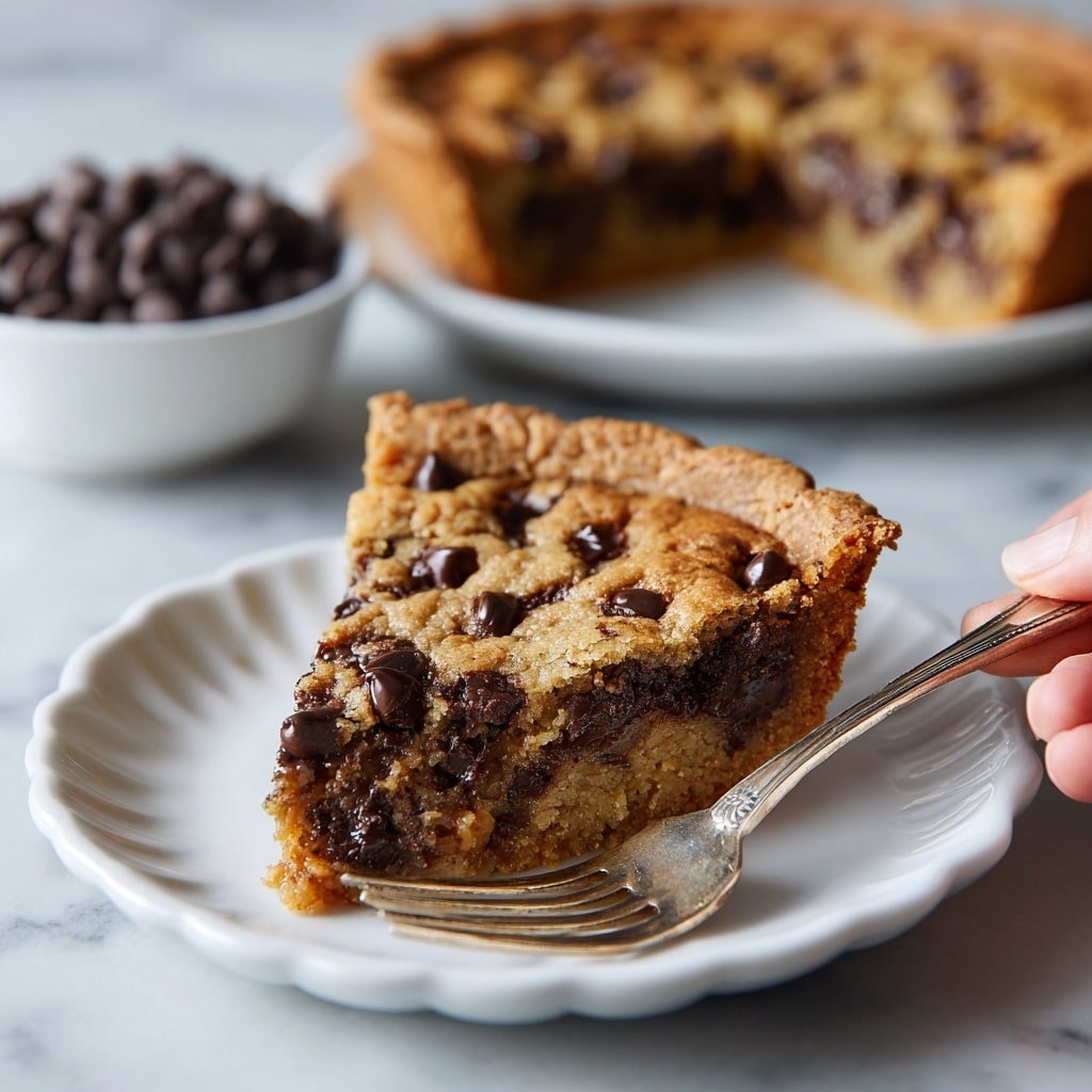 A large round chocolate chip blondie is shown with one square piece being lifted by a spatula from the right side. The blondie has a golden brown top layer thickly covered with dark, glossy chocolate chips. The middle layer is fudgy and dark brown, contrasting with the lighter top, while the bottom layer is a slightly darker crust. The blondie sits on a white plate placed on a wooden board, with crumbs scattered near the edge. The background is a white marbled texture. Photo taken with an iphone --ar 4:5 --v 7