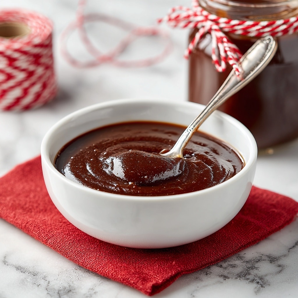 A small glass jar filled with smooth, dark brown chocolate spread, with no visible layers, tightly wrapped around the neck by a red and white twisted string tied into a bow. In the background, a white bowl holds some of the same chocolate spread with a metal spoon resting inside, both placed on a white marbled surface. Photo taken with an iphone --ar 4:5 --v 7