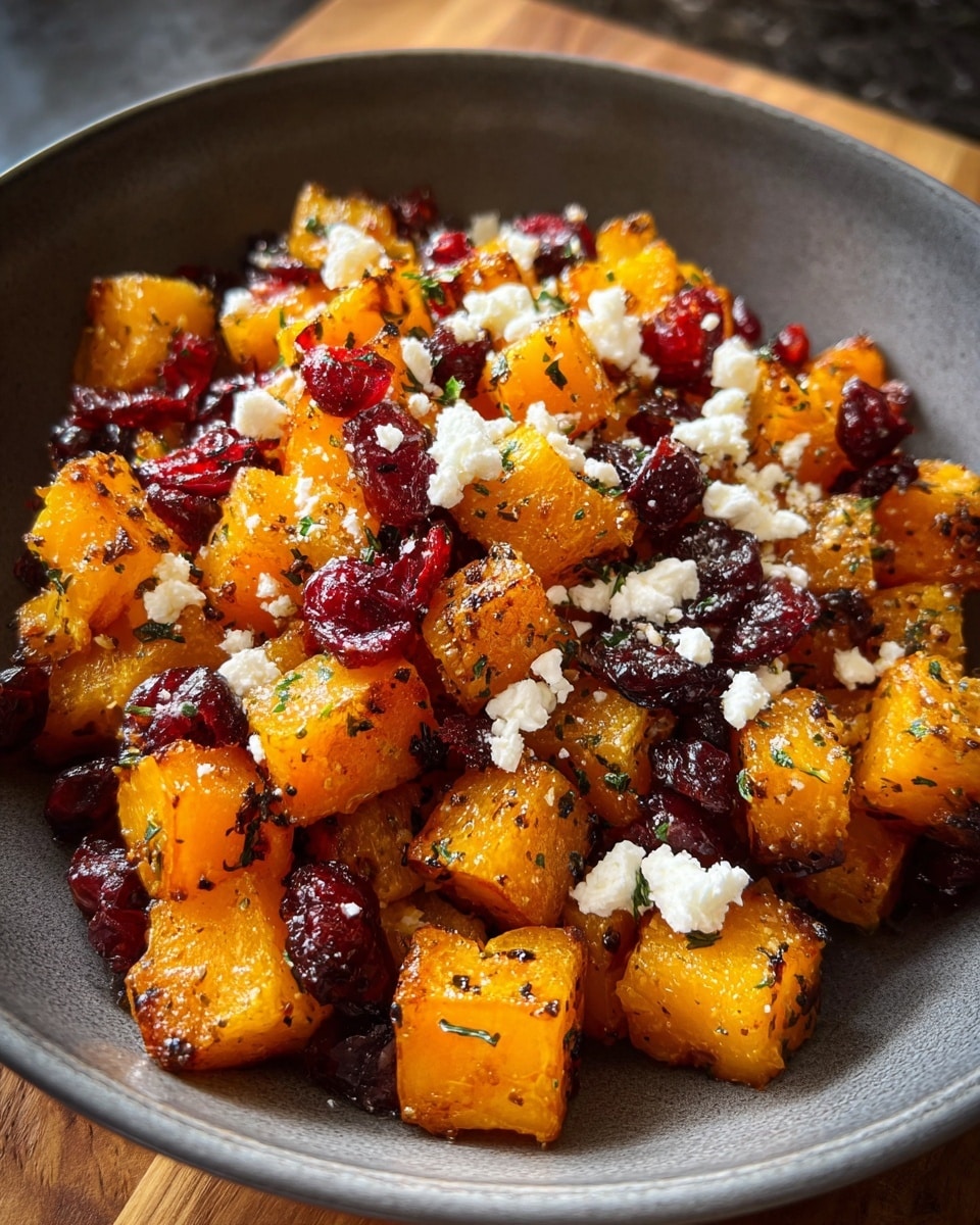 The image shows a bowl filled with about three layers of food. The bottom layer appears to be white cottage cheese or a similar soft cheese spread evenly across the base. The middle layer consists of golden-brown roasted sweet potato cubes, charred slightly for texture, with visible seasoning and herbs spread on each piece. Small dark red dried cranberries or cherries are scattered evenly among the sweet potatoes, adding color contrast. The top layer is sprinkled with crumbly white cheese pieces and finely chopped green herbs, giving freshness and color. The bowl is white and placed on a white marbled surface. Photo taken with an iphone --ar 4:5 --v 7