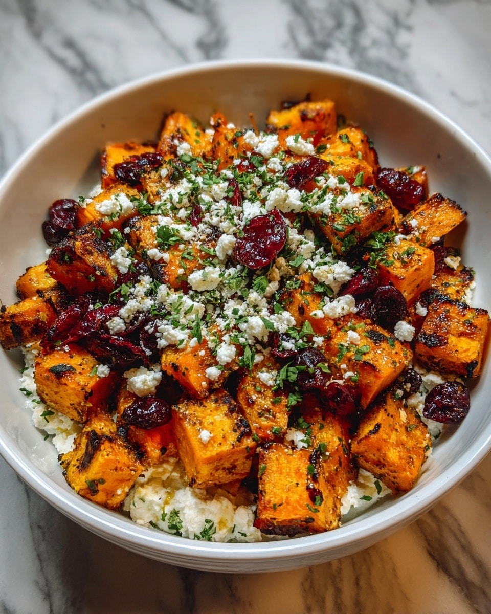 A gray bowl filled with roasted golden orange butternut squash cubes, showing a slightly charred and seasoned surface, mixed with deep red dried cranberries scattered throughout. Small, crumbly white cheese pieces are sprinkled evenly on top of the squash and cranberries. Some green herb bits are lightly visible, adding a touch of color contrast. The bowl rests on a wooden surface with a blurred background. photo taken with an iphone --ar 4:5 --v 7