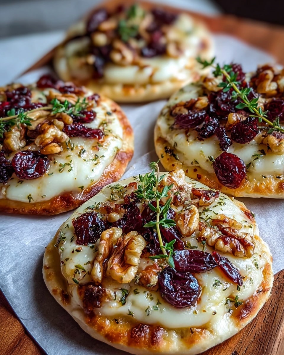 The image shows four small round flatbreads as the base layer, golden brown with light grill marks and slightly puffed edges. On top of each flatbread is a smooth, melted white cheese layer covering most of the surface with a creamy texture. Scattered across the cheese are dark red dried cranberries and chunky walnut pieces, adding a rough, textured look. Sprigs of fresh green herbs, likely thyme, lie on top, with small leaves adding detail and a hint of color contrast. The flatbreads rest on white parchment paper placed on a wooden board, all set against a white marbled texture in the background. photo taken with an iphone --ar 4:5 --v 7