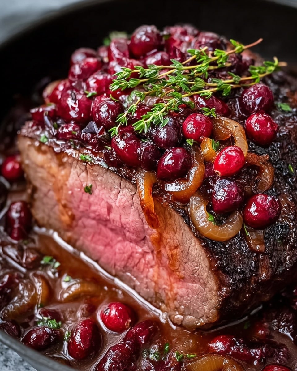 A thick piece of cooked roast beef cut to show a pink inside layer, sitting in a black pan. The beef has a dark crispy, brown outside layer covered with shiny red cranberries and caramelized golden onion slices. On top, there are small green thyme sprigs. Around the beef, there is a rich brown sauce mixed with more cranberries and onion. The background is a white marbled texture. photo taken with an iphone --ar 4:5 --v 7