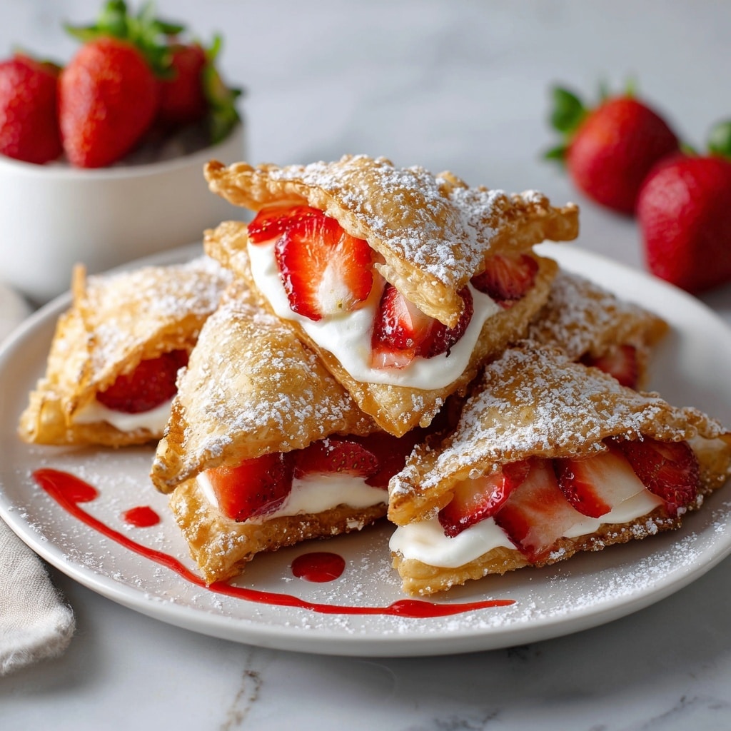 The image shows a white plate on a white marbled surface, holding several folded golden brown pastries with a crunchy texture. Each pastry is filled with fresh red strawberry slices and a smooth white cream, visible through the slightly open edges. The pastries are dusted lightly with powdered sugar. In the background, there is a small white bowl containing whole strawberries with green leaves. A thin drizzle of red sauce decorates the edge of the plate. photo taken with an iphone --ar 4:5 --v 7
