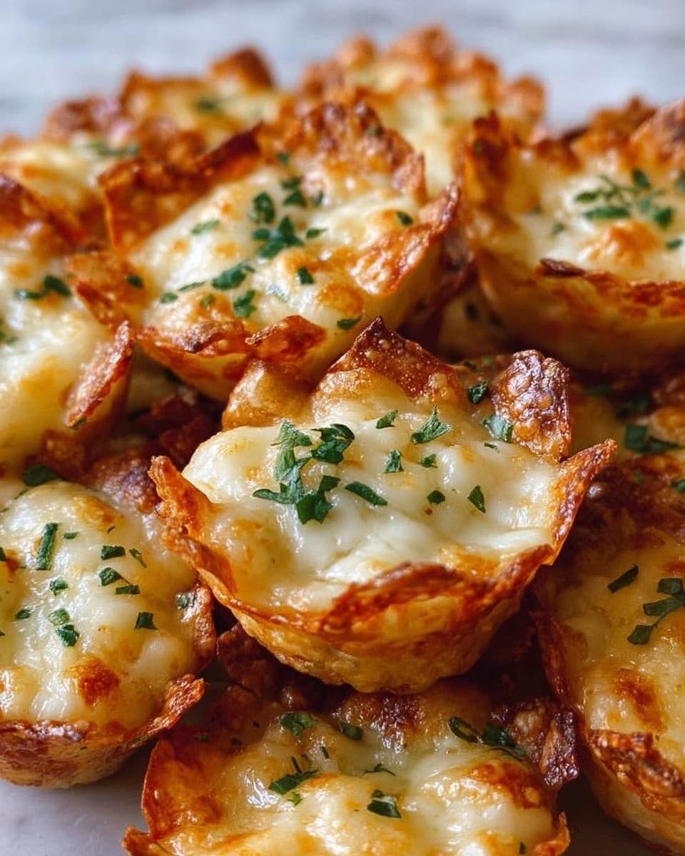 The image shows crispy golden-brown mini taco shells filled with melted, bubbly cheese that has light brown spots from baking. Each taco cup is topped with small pieces of fresh green herbs, adding a touch of color contrast to the warm yellow and white cheese. The shells have a crunchy texture with curled edges that hold the cheese filling inside. The photo is closely focused on a cluster of these taco cups, showing their uneven crispy surfaces and creamy melted centers, all placed on a white marbled background. photo taken with an iphone --ar 4:5 --v 7