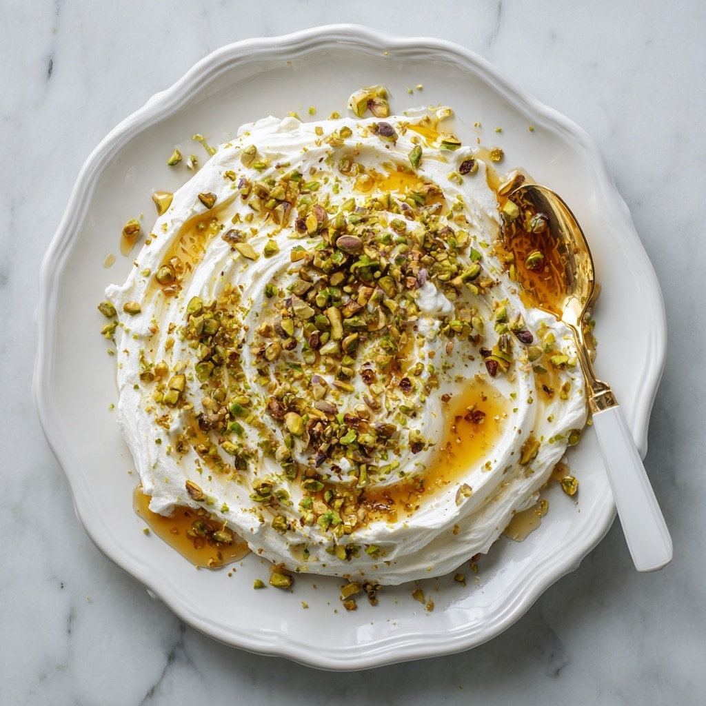 A white plate with a scalloped edge holds a creamy white layer of soft cheese spread unevenly across the surface. On top, there is a thick drizzle of golden honey pooling in some areas, mixed with a generous sprinkling of chopped green pistachios scattered unevenly over the cheese. A white and gold spoon rests on the right side of the plate, partially covered with the mixture. The plate sits on a white marbled texture. photo taken with an iphone --ar 4:5 --v 7
