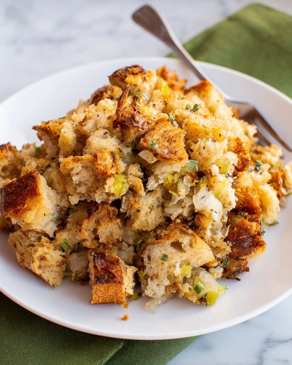 The image shows a white oval dish filled with a thick layer of golden-brown stuffing made from small, uneven bread cubes mixed with chopped bits of vegetables. The bread cubes are toasted to different shades of light and dark brown, giving the dish a rough, chunky texture. Some pieces look crisp and crunchy while others appear softer. The stuffing fills the whole dish, with some pieces slightly raised above the rim. The dish is placed on a white marbled surface, and the lighting highlights the warm tones of the bread. Photo taken with an iphone --ar 4:5 --v 7