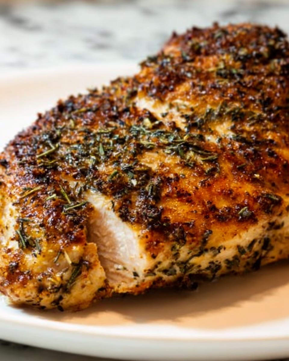 The image shows two pieces of cooked chicken breast placed side by side on a white plate. The chicken is golden brown with a crispy skin, speckled with many green dried herbs and some red seasoning, giving a textured look. The herbs are spread thickly all over the top and sides of the chicken. The surface underneath is a white marbled texture, and the lighting highlights the glistening, slightly oily crust on the chicken. Photo taken with an iphone --ar 4:5 --v 7