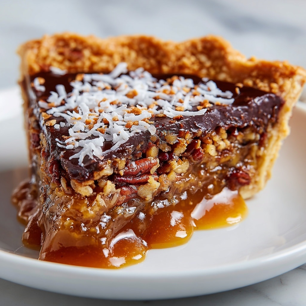 A close-up slice of pie with four clear layers is shown on a white plate sitting on a white marbled surface. The bottom layer is a smooth, dark chocolate filling with a glossy texture. Above that is a lighter, creamy layer with a slightly grainy texture. The third layer is a sticky, golden-brown caramel-like filling. The top layer has chopped pecans mixed with shredded white coconut flakes scattered over it. The pie crust is golden brown and flaky with a crimped edge holding the filling layers together. Photo taken with an iphone --ar 4:5 --v 7