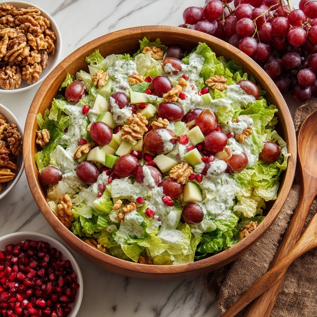 A white bowl filled with a fresh salad that has multiple layers: the bottom layer is bright green mixed lettuce leaves, the middle layer includes slices of green avocado and red pomegranate seeds scattered throughout, and the top layer is mixed with small pieces of brown nuts and creamy mozzarella balls. The salad is colorful with green, red, white, and brown elements all mixed together, creating a fresh and vibrant look. The bowl sits on a white marbled surface with a dark woven mat underneath, next to some grapes and a wooden spoon. photo taken with an iphone --ar 4:5 --v 7