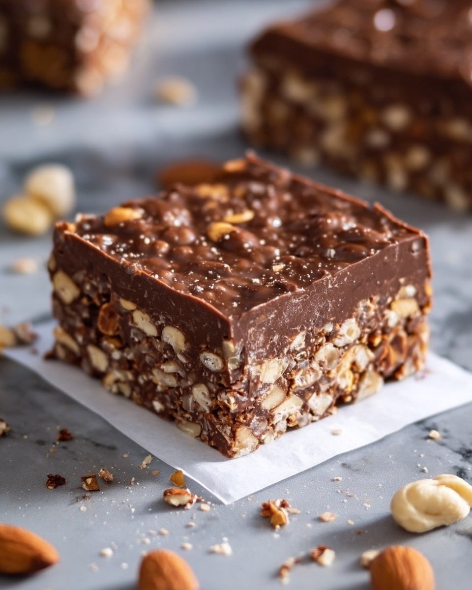 A close-up view of a thick chocolate bar with two layers; the bottom layer is dense and mixed with light brown nuts, creating a rough texture, while the top layer is smooth, glossy, and darker brown with visible nut pieces embedded throughout. The bar sits on a small white square paper, placed on a white marbled textured surface with a few scattered nuts and crumbs nearby. The image shows another similar bar slightly out of focus in the background. Photo taken with an iphone --ar 4:5 --v 7