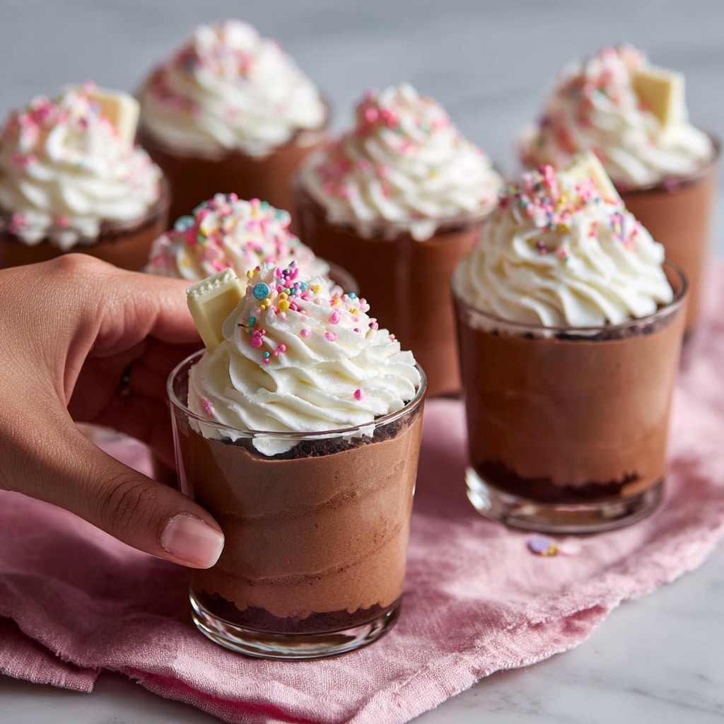The image shows several small clear cups filled with layers of a rich brown chocolate mousse. Each cup is topped with a large swirl of white whipped cream, garnished with small pink sprinkles and a piece of white chocolate with colorful bits on top. The cups are placed close together on a pink cloth over a white marbled surface. A woman's hand is gently holding one of the cups. photo taken with an iphone --ar 4:5 --v 7