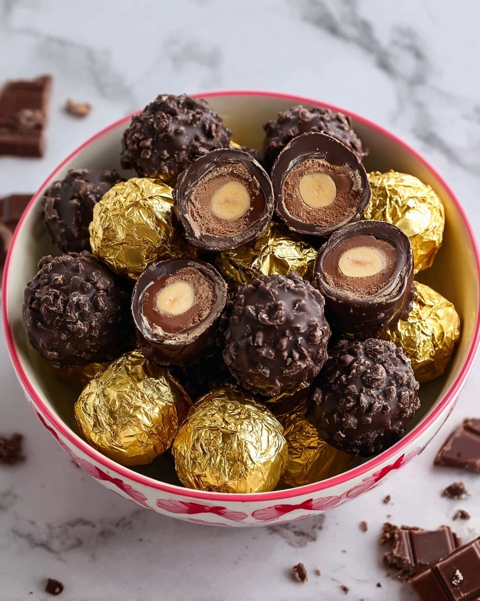 A bowl holds a mix of round chocolates wrapped in shiny gold foil and chocolates with a rough dark brown chocolate coating. Some chocolates are cut in half, showing four layers: a light brown hazelnut center, surrounded by a smooth, dark brown chocolate layer, then a crumbly chocolate coating, and finally a bumpy outer dark chocolate shell. The bowl is white with red bow designs around the edges. The background is a white marbled surface with a few chocolate pieces scattered around. photo taken with an iphone --ar 4:5 --v 7