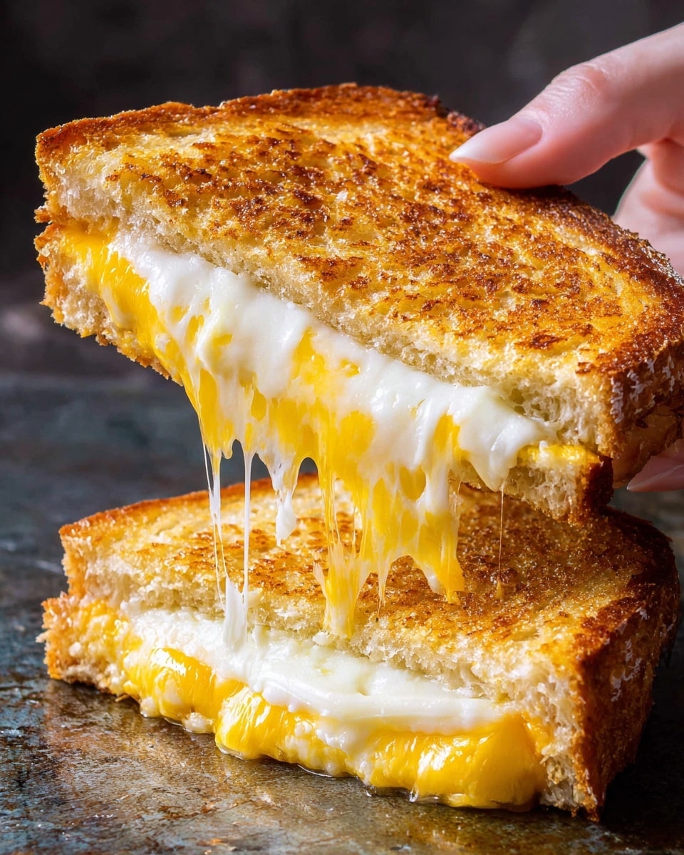 A close-up of a grilled cheese sandwich held by a woman's hand at the corner. The sandwich has two golden brown toasted bread slices as the outer layers. Between the bread is a thick layer of melted cheese, white and yellow, oozing out slightly at the edges. The sandwich sits on a black cooking surface, and the background shows the toasted bread texture clearly. Photo taken with an iphone --ar 4:5 --v 7