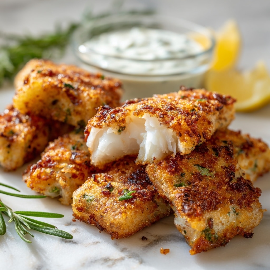 Seven golden-brown fritters with an uneven, crispy surface and visible small bits of white and light green inside are spread on a crinkled brown paper. The fritters are roughly round and have a fried texture with some darker browned spots. To the top right, there is a small white bowl filled with creamy white sauce that appears thick and smooth. Next to the bowl is a half cut lemon showing the juicy yellow inside. Green sprigs of fresh dill are placed near the lemon and at the bottom right corner, adding a fresh contrast to the fried fritters. The whole setting is on a white marbled textured surface. photo taken with an iphone --ar 4:5 --v 7