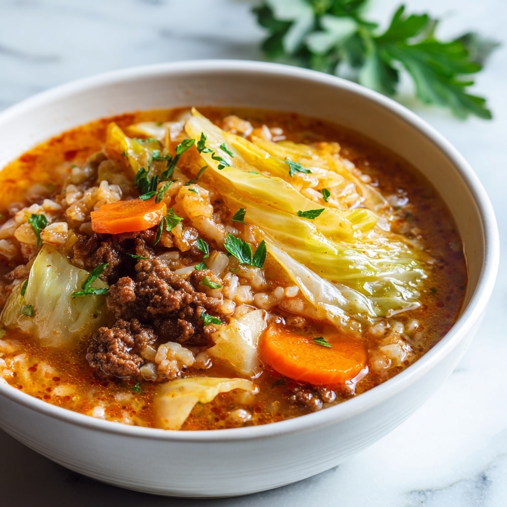 A close-up view of a white bowl filled with a hearty soup. The soup has a thick, reddish-orange broth with visible small pieces of rice mixed throughout. Large soft cabbage leaves with a pale yellow color are layered on top, along with chunks of cooked ground beef that are dark brown in color. Bright orange carrot slices are scattered among the layers, adding contrast. Small bits of fresh green herbs are sprinkled over the top, giving a fresh look. The bowl sits on a white marbled surface with a blurred green herb decoration in the background. Photo taken with an iphone --ar 4:5 --v 7