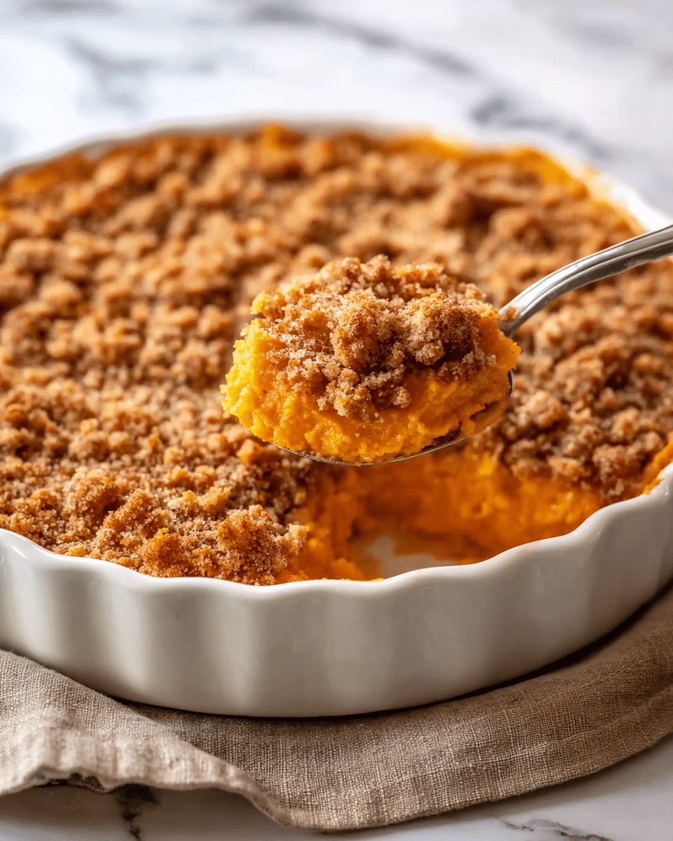 A round white ceramic dish filled with a sweet potato casserole that has two visible layers: a thick, soft, bright orange mashed sweet potato base on the bottom and a golden brown crumbly streusel topping that covers the whole surface with a rough texture. A silver spoon is lifting a scoop of the casserole, showing the contrast between the smooth orange layer underneath and the crispy crumbly topping. The dish sits on a light brown cloth on a white marbled surface. Photo taken with an iphone --ar 4:5 --v 7