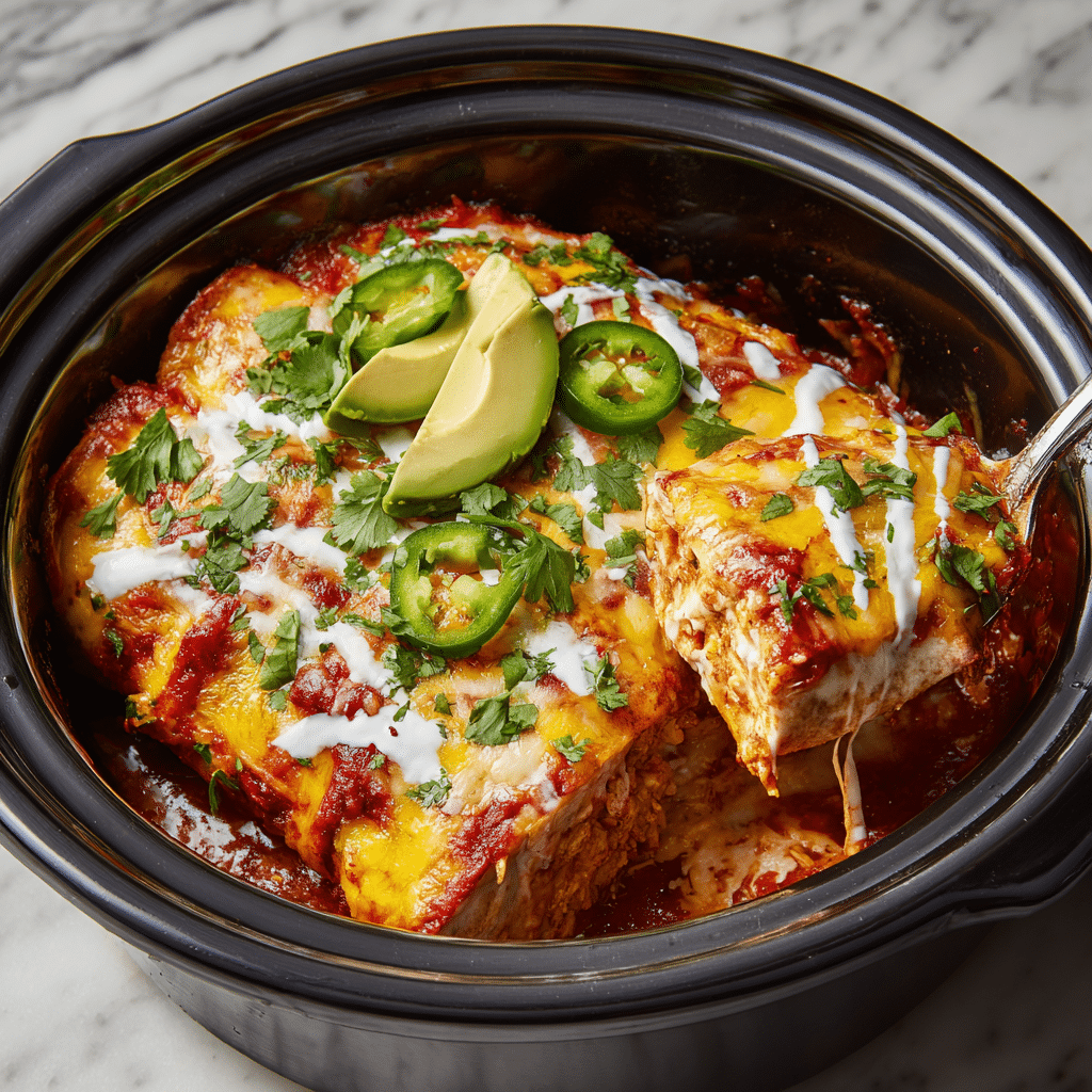 This dish shows a close-up of a black slow cooker filled with three layers of enchiladas covered in melted yellow and white cheese with a reddish sauce visible beneath. On top of the enchiladas are slices of green jalapeño, thin slices of light green avocado, and small green cilantro leaves scattered around. There are streaks of white sour cream drizzled over the dish. A metal spoon is scooping some of the cheesy enchiladas from the side, showing the savory filling inside. The cooker rests on a white marbled surface with some fresh cilantro leaves around it. Photo taken with an iphone --ar 4:5 --v 7