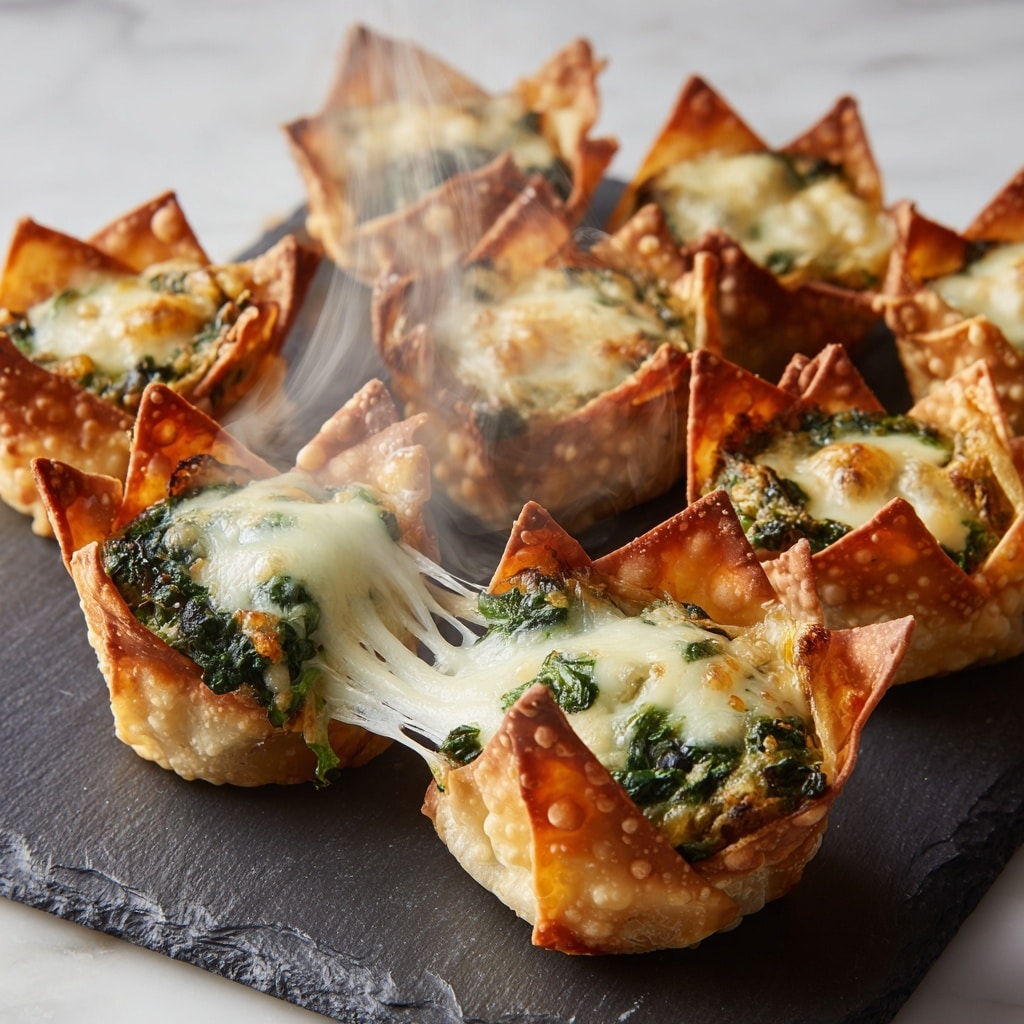 The image shows several crispy mini cups made from golden brown, baked wonton wrappers, each holding a creamy filling of dark green spinach mixed with melted white cheese that stretches as one mini cup is pulled apart, releasing thin wisps of steam. The edges of the wonton cups are crisp and slightly browned with a textured, flaky look, while the creamy spinach and cheese filling looks smooth and rich inside. The mini cups are arranged closely on a dark slate tray that rests on a white marbled surface, creating a contrast to make the golden wrappers and green filling stand out. Photo taken with an iphone --ar 4:5 --v 7