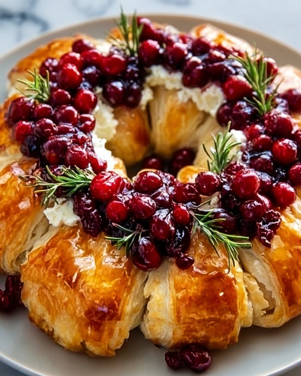 The image shows a circular pastry wreath with multiple flaky, golden-brown layers twisted and shaped into a ring. On top of the pastry, there are bright red berries and small green sprigs of herbs placed evenly around the wreath, adding vibrant color contrasts. The pastry looks crispy and shiny in some parts, with cream or white filling peeking between the layers near the center. The wreath is served on a white plate that rests on a white marbled surface. Photo taken with an iphone --ar 4:5 --v 7