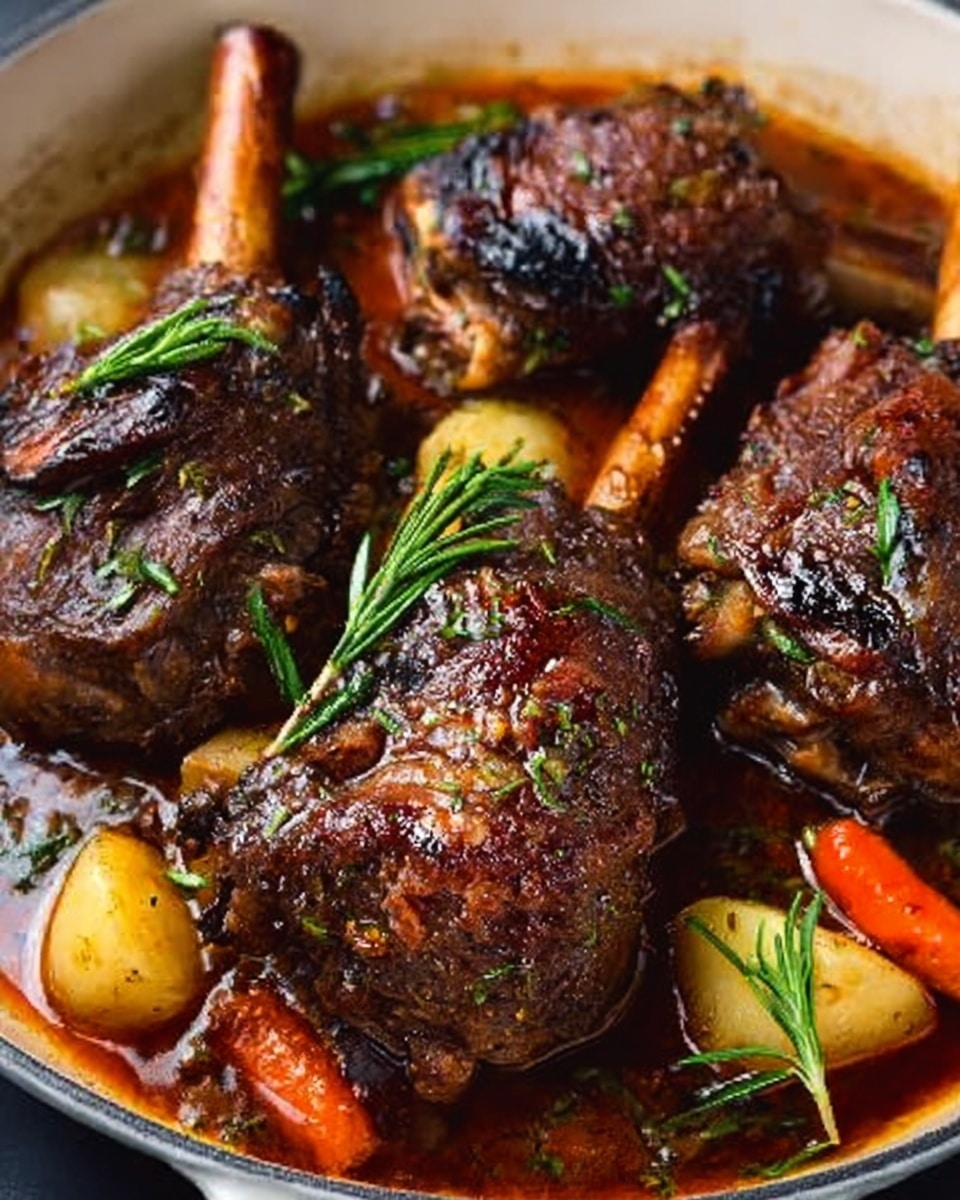 The image shows a close-up of three large braised lamb shanks in a white pot filled with a rich brown sauce. The lamb shanks have a dark, crispy crust with visible seasoning and green rosemary sprigs on top. Surrounding the meat are small white and orange vegetables, likely potatoes and carrots, partially covered in the sauce. The pot sits on a white marbled surface, and the scene looks warm and hearty. Photo taken with an iphone --ar 4:5 --v 7