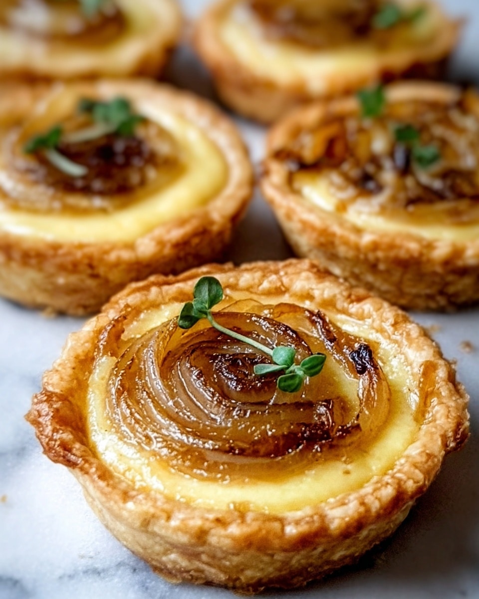 The image shows several small round tarts placed on a white marbled surface. Each tart has a golden-brown flaky crust as the bottom layer, topped with a smooth, creamy yellow filling. On top of the filling, there is a swirl of soft, caramelized onions that are light brown with glossy texture. A small sprig of fresh green herb is placed in the center of each tart, adding a touch of color contrast. The tarts look shiny and well-baked, with a crispy crust edge that holds the filling neatly. photo taken with an iphone --ar 4:5 --v 7