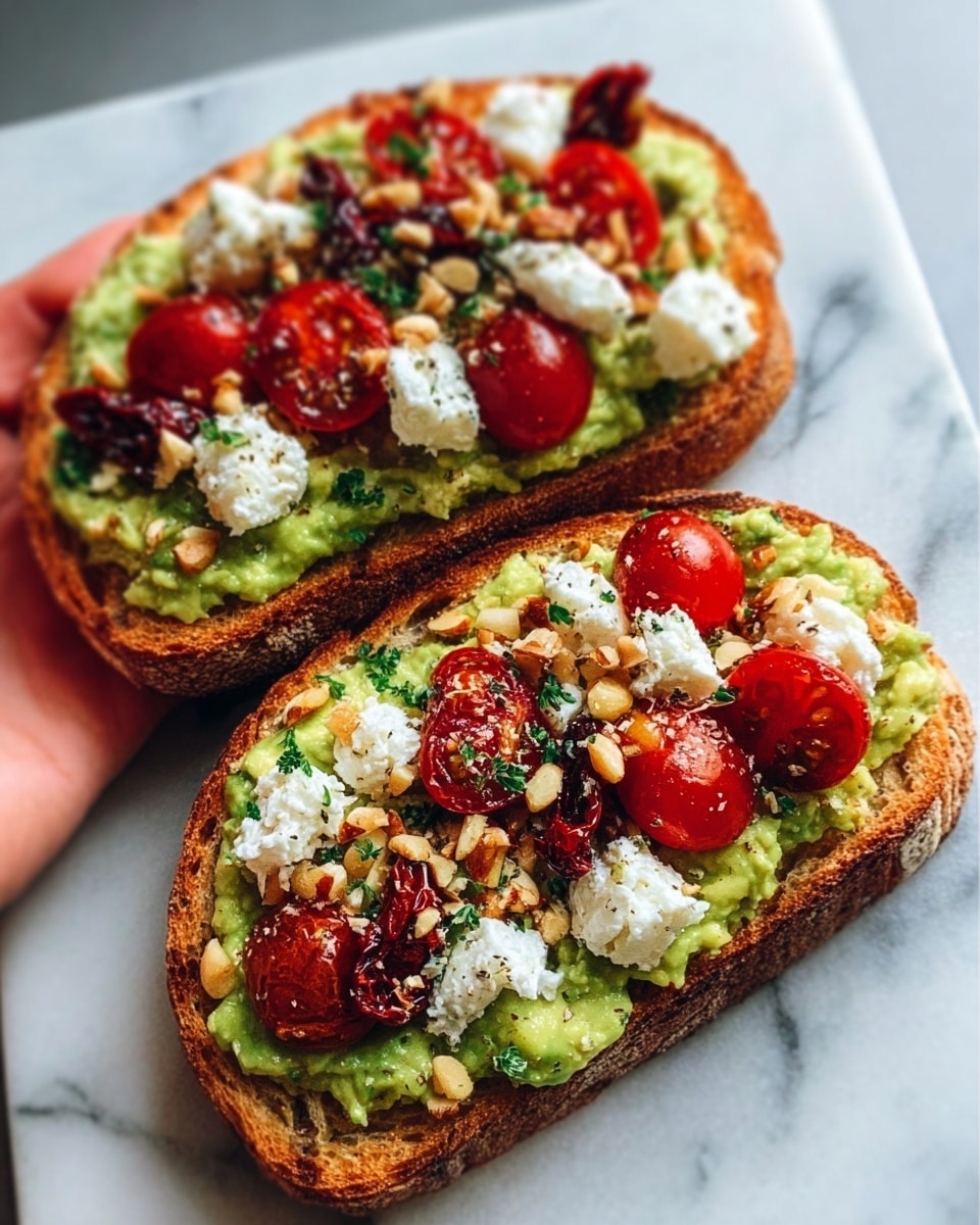 The image shows two slices of toasted bread placed on a white marbled surface. Each slice has a bottom layer of mashed avocado spread evenly, forming a smooth green base. On top of the avocado, there are scattered white dollops of creamy cheese, adding a light texture. Bright red cherry tomatoes are placed on the cheese in small groups, with some pieces of sun-dried tomatoes adding a darker red color. There is a sprinkle of crushed nuts and herbs over the top for texture and color contrast. A woman's hand is gently holding one of the toasts from the side. Photo taken with an iphone --ar 4:5 --v 7