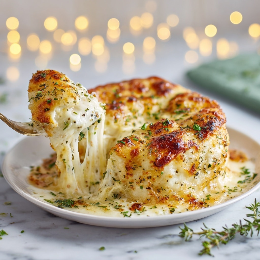 The image shows a close-up of a cheesy baked dish with a golden brown top, bubbly and slightly crispy. The dish has a creamy white inside visible where a fork is pulling a scoop out, showing a soft, smooth texture. Small green chopped herbs are sprinkled on top and around the dish on the white plate. The background has soft yellow lights and a blurred green area, all set on a white marbled surface. Photo taken with an iphone --ar 4:5 --v 7