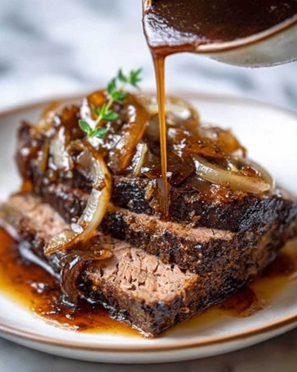 The image shows several thick slices of cooked beef brisket stacked on a white plate with a white marbled surface in the background. The brisket slices have a dark, crispy outer edge and a moist, tender inside with light brown and pinkish tones. On top of the brisket, there is a layer of glossy caramelized onions that are golden brown. A brown sauce is being poured over the brisket and onions from above, creating a shiny, rich coating. There are a few small green herb sprigs on the brisket adding a touch of color. Photo taken with an iphone --ar 4:5 --v 7