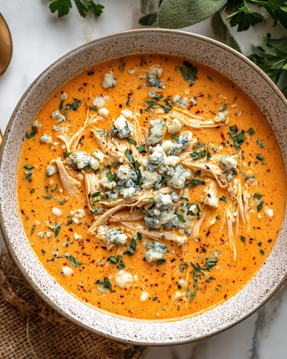 A white speckled bowl filled with a creamy orange soup that has shredded chicken layered throughout. On top, there are scattered chunks of white and blue cheese and small pieces of green herbs, adding texture and color contrast. The bowl is set on a white marbled surface with a bit of burlap and green leaves blurred in the background. The soup looks thick and rich, with a smooth, slightly oily surface. photo taken with an iphone --ar 4:5 --v 7